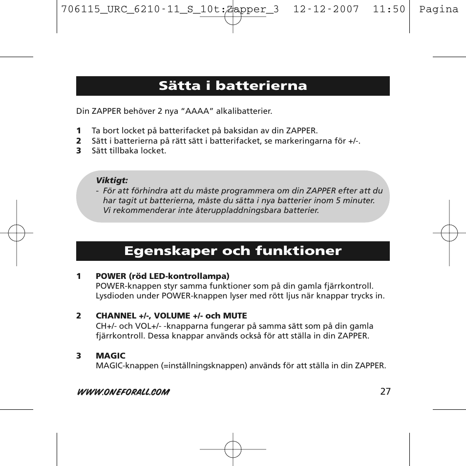 Sätta i batterierna, Egenskaper och funktioner | One for All URC-6210 User Manual | Page 27 / 112