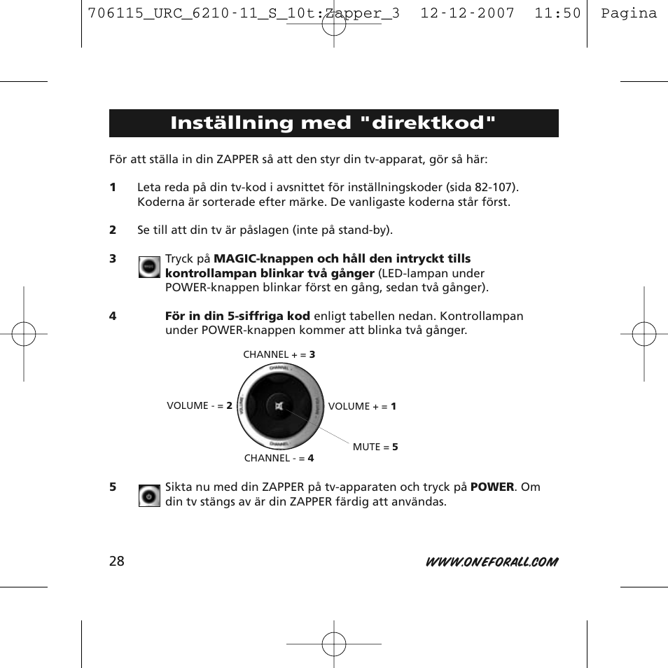 Inställning med "direktkod | One for All URC-6210 User Manual | Page 28 / 112