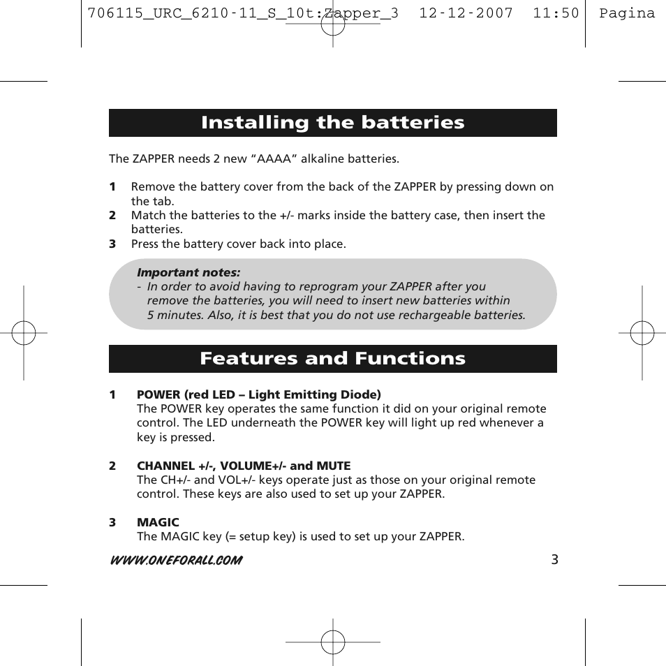 Installing the batteries, Features and functions | One for All URC-6210 User Manual | Page 3 / 112