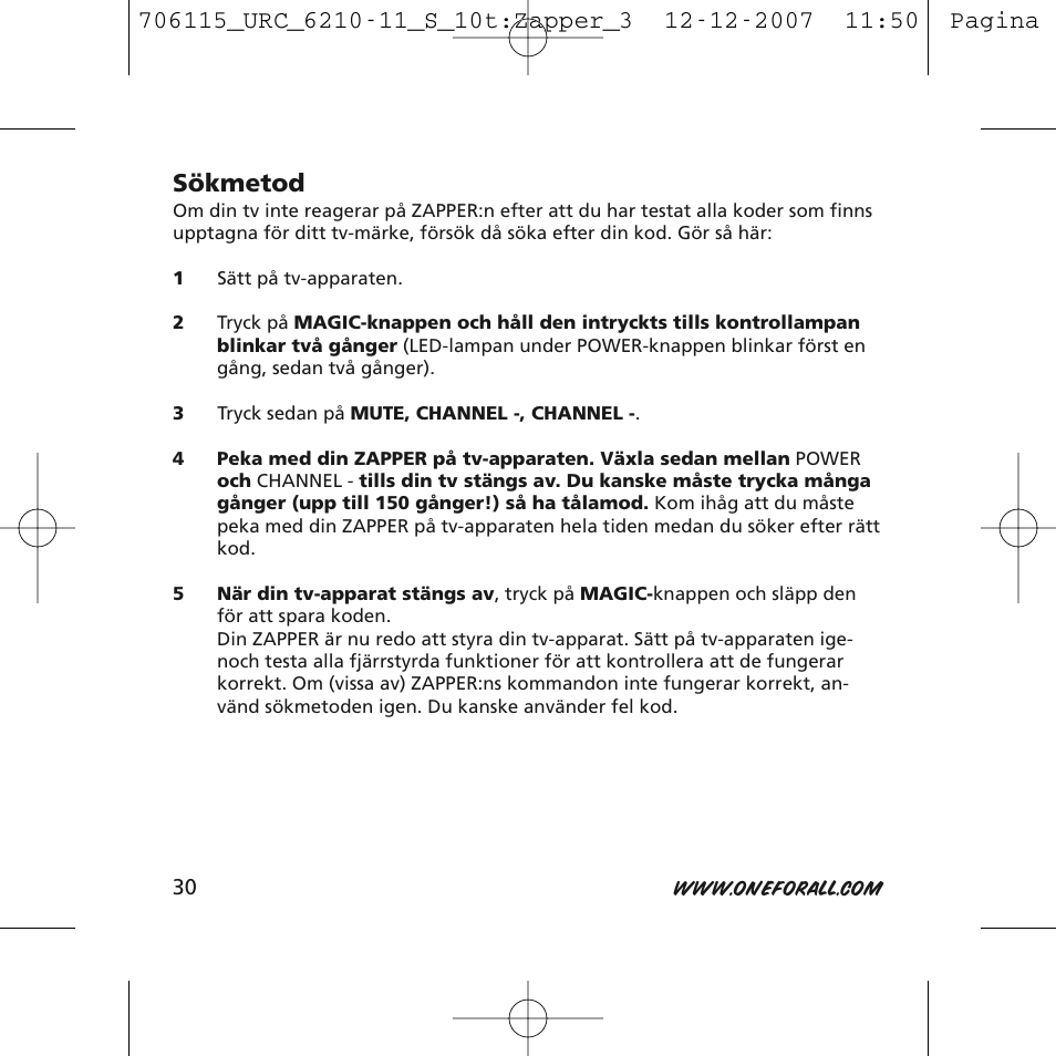 Sökmetod | One for All URC-6210 User Manual | Page 30 / 112