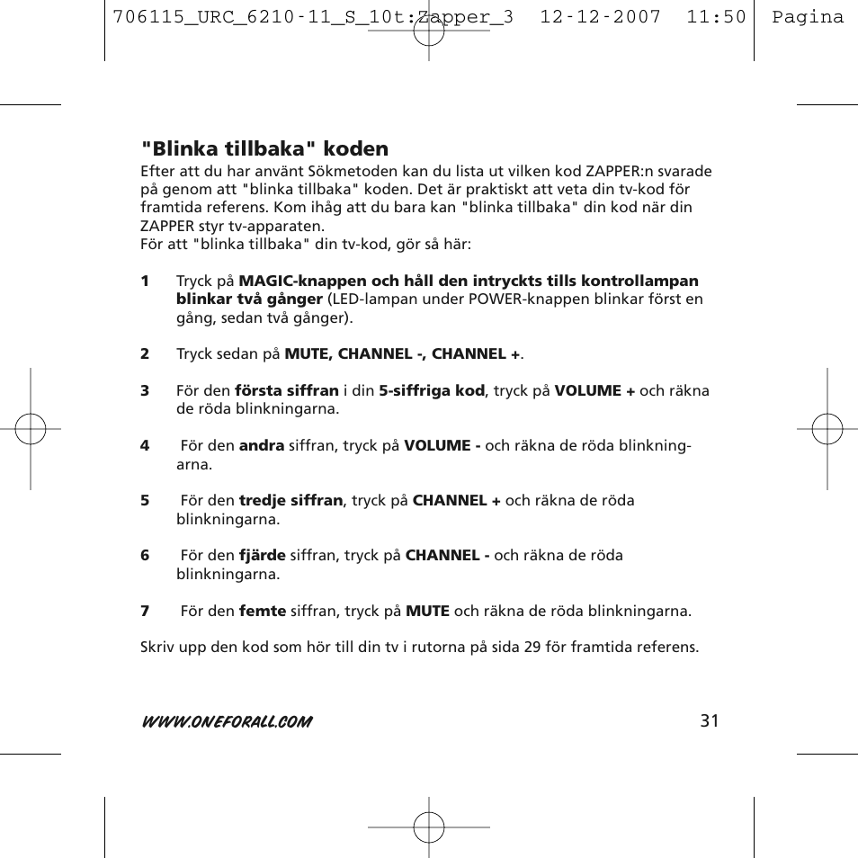 Blinka tillbaka" koden | One for All URC-6210 User Manual | Page 31 / 112