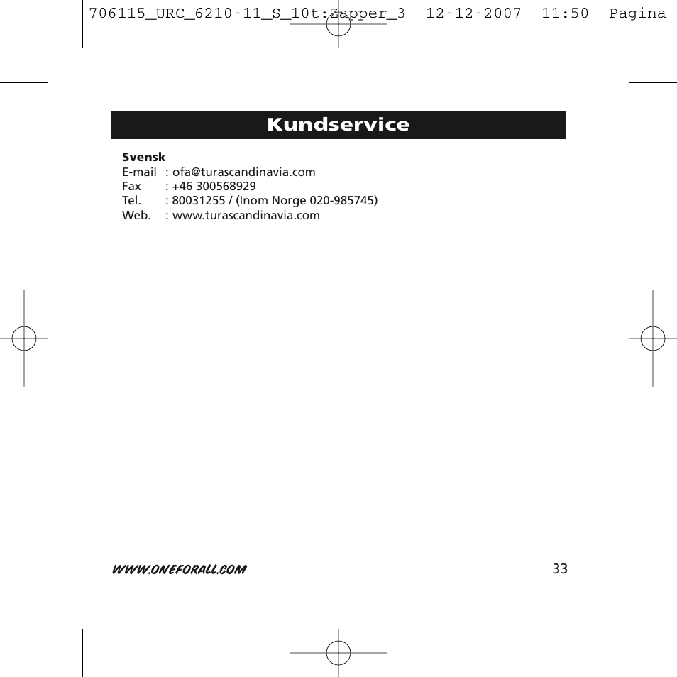 Kundservice | One for All URC-6210 User Manual | Page 33 / 112