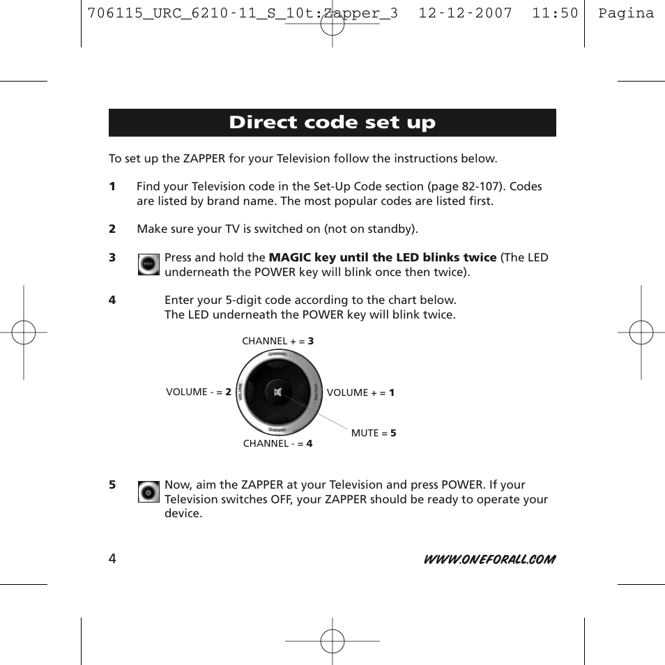 Direct code set up | One for All URC-6210 User Manual | Page 4 / 112