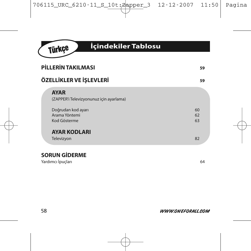 Türkçe, Içindekiler tablosu | One for All URC-6210 User Manual | Page 58 / 112