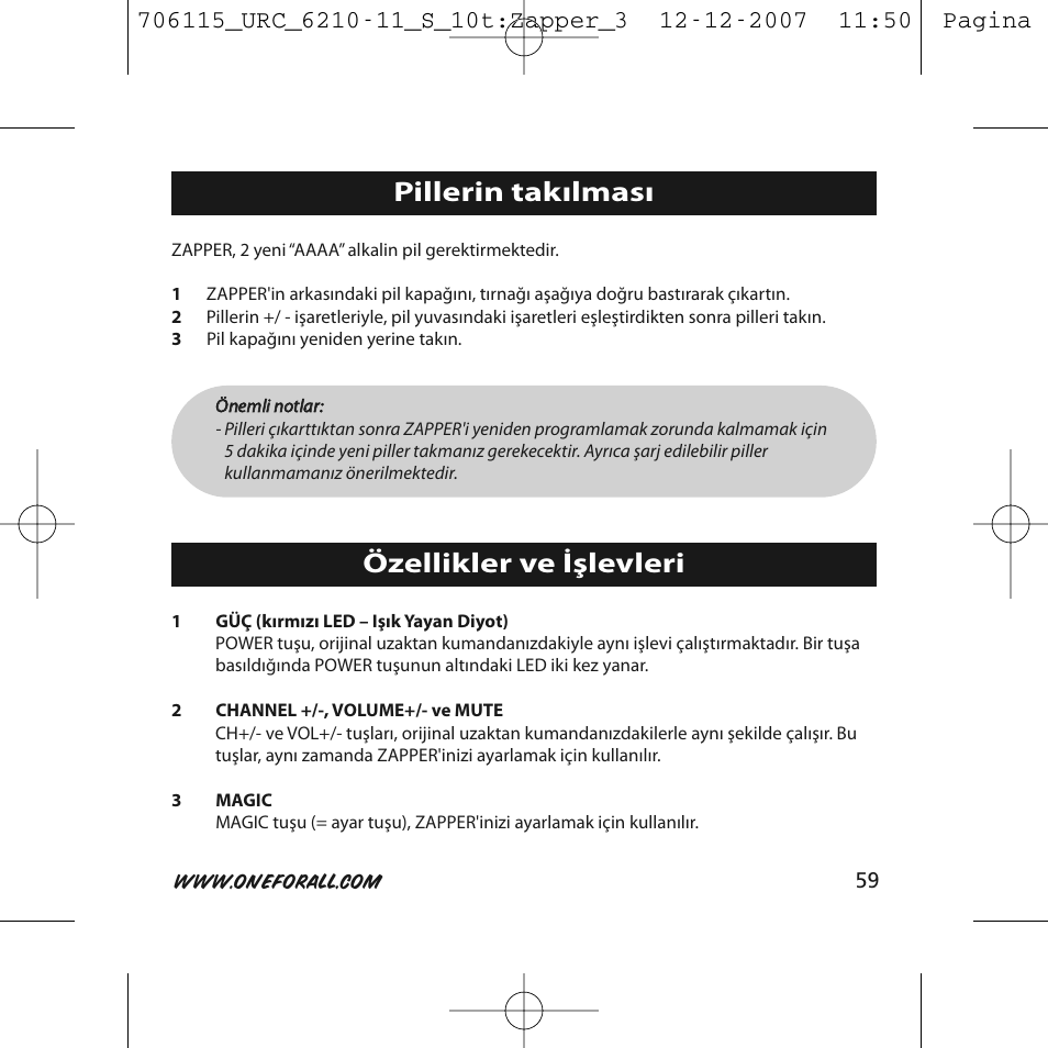 Pillerin takılması, Özellikler ve işlevleri | One for All URC-6210 User Manual | Page 59 / 112