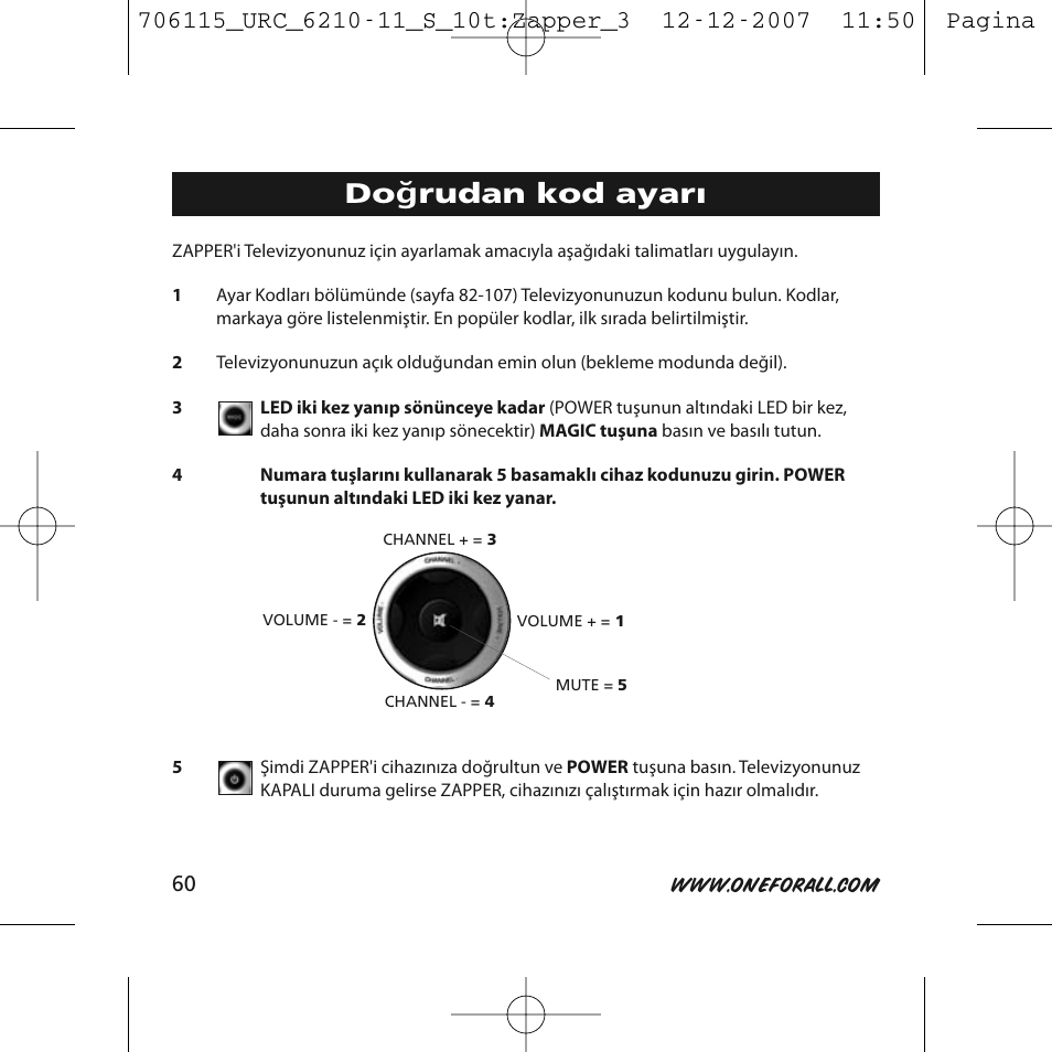 Do ğrudan kod ayarı | One for All URC-6210 User Manual | Page 60 / 112