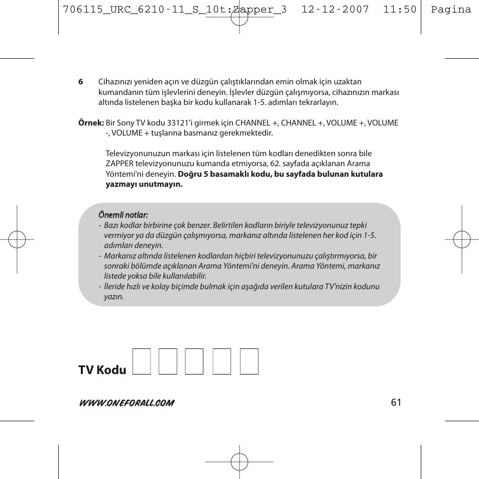 One for All URC-6210 User Manual | Page 61 / 112