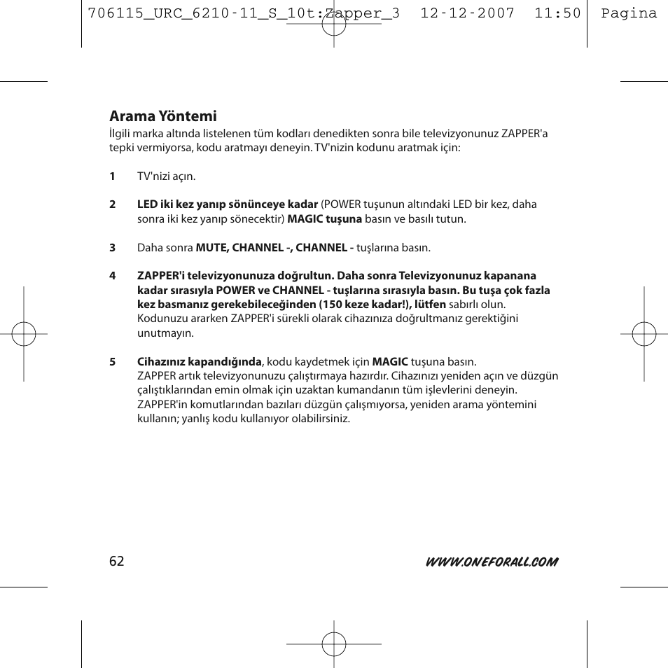 Arama yöntemi | One for All URC-6210 User Manual | Page 62 / 112