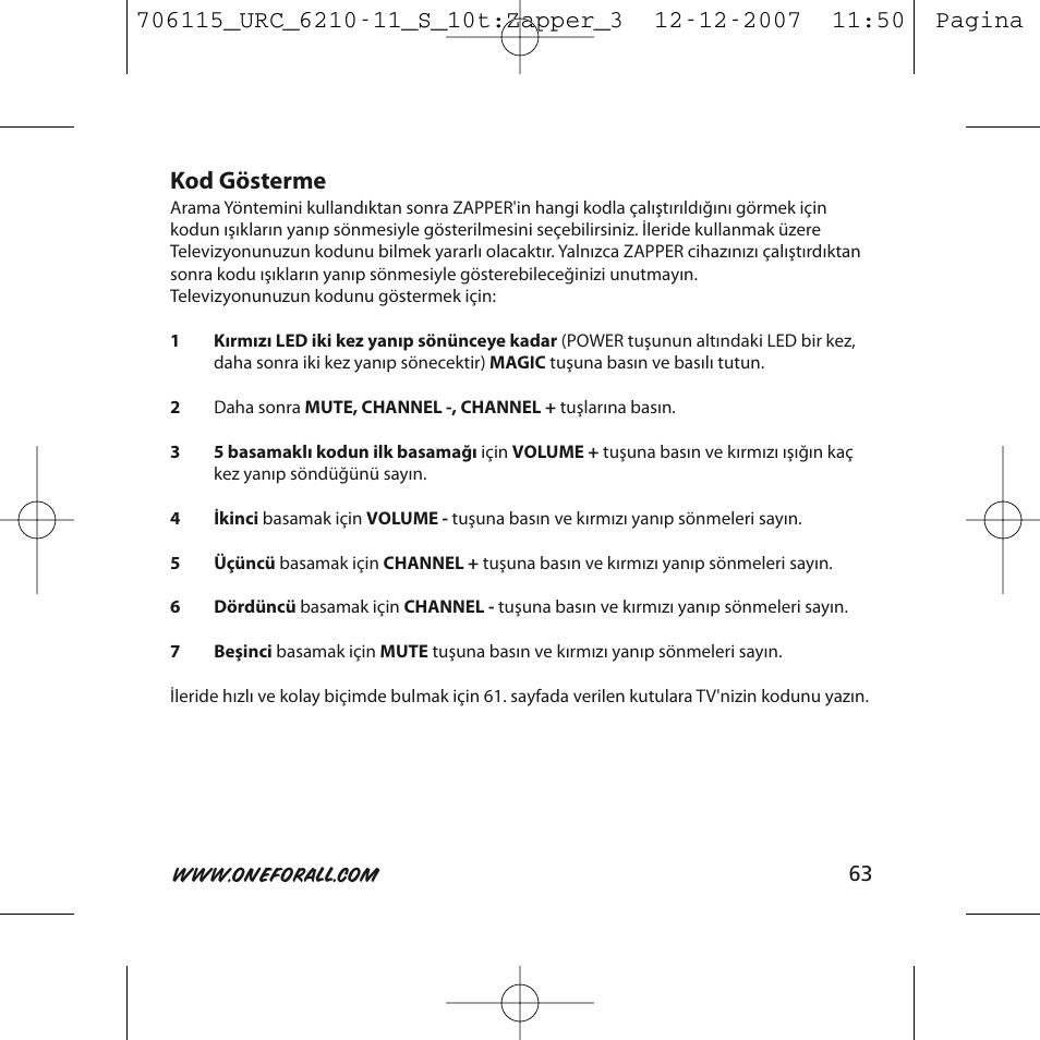 Kod gösterme | One for All URC-6210 User Manual | Page 63 / 112