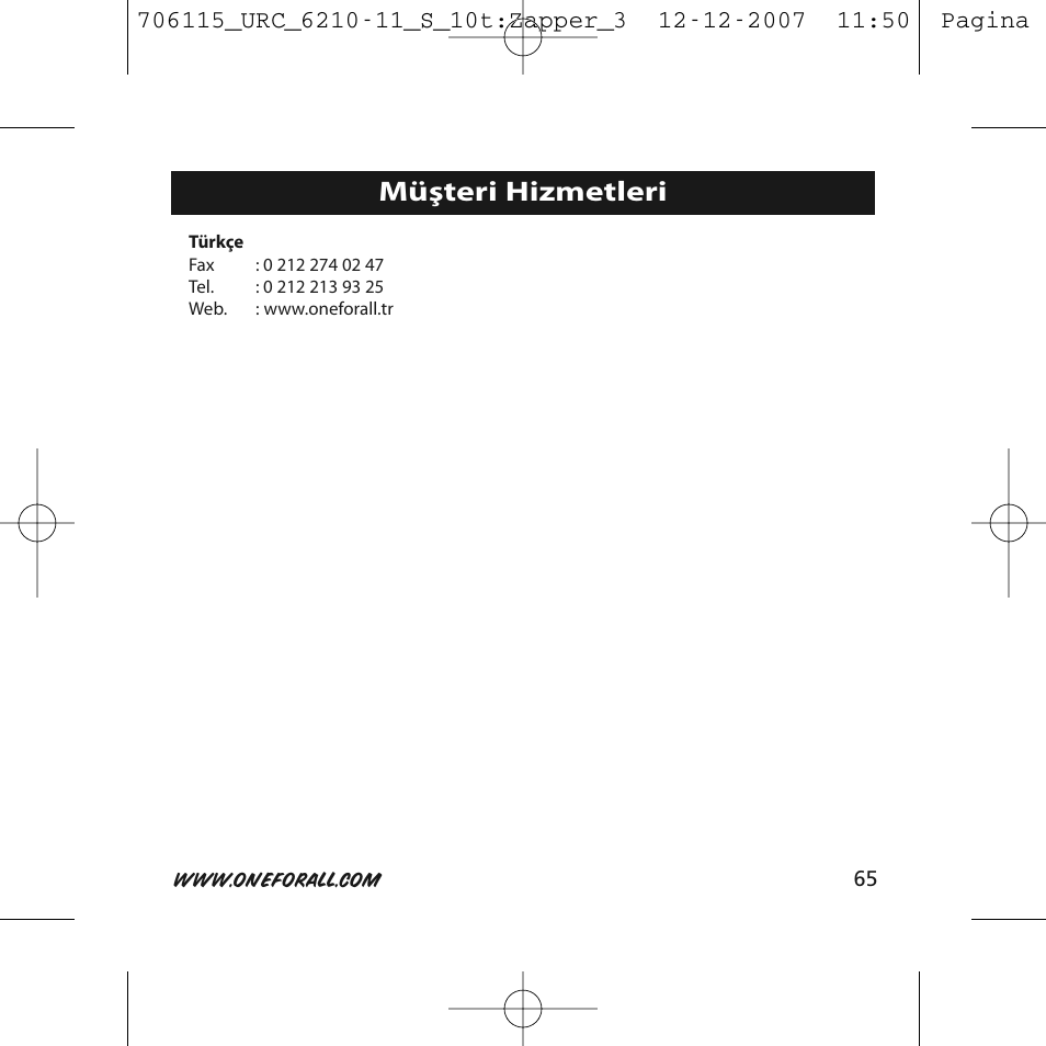 Müşteri hizmetleri | One for All URC-6210 User Manual | Page 65 / 112