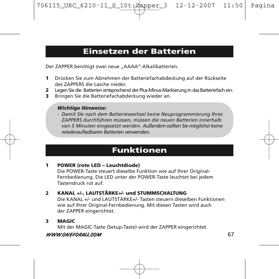 Einsetzen der batterien, Funktionen | One for All URC-6210 User Manual | Page 67 / 112