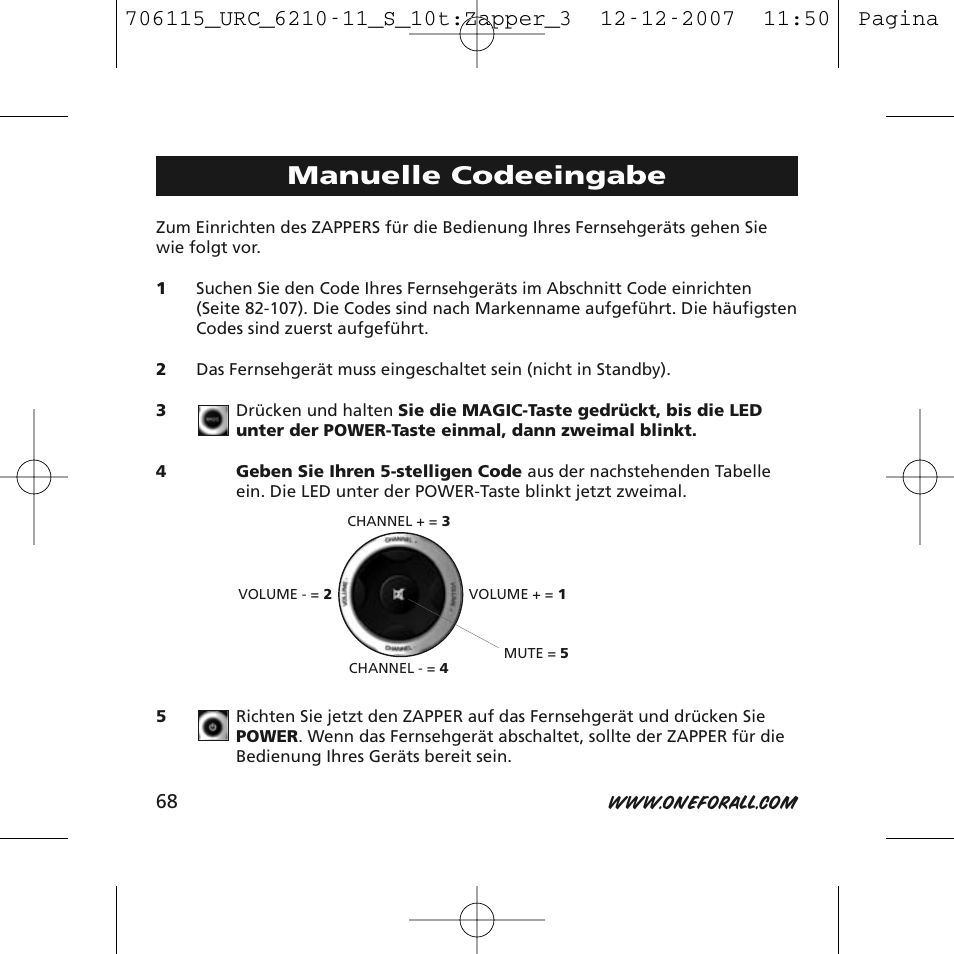 Manuelle codeeingabe | One for All URC-6210 User Manual | Page 68 / 112