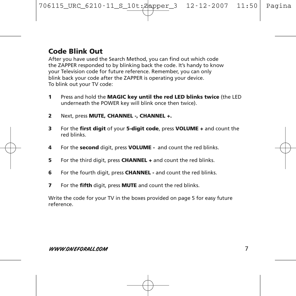 Code blink out | One for All URC-6210 User Manual | Page 7 / 112