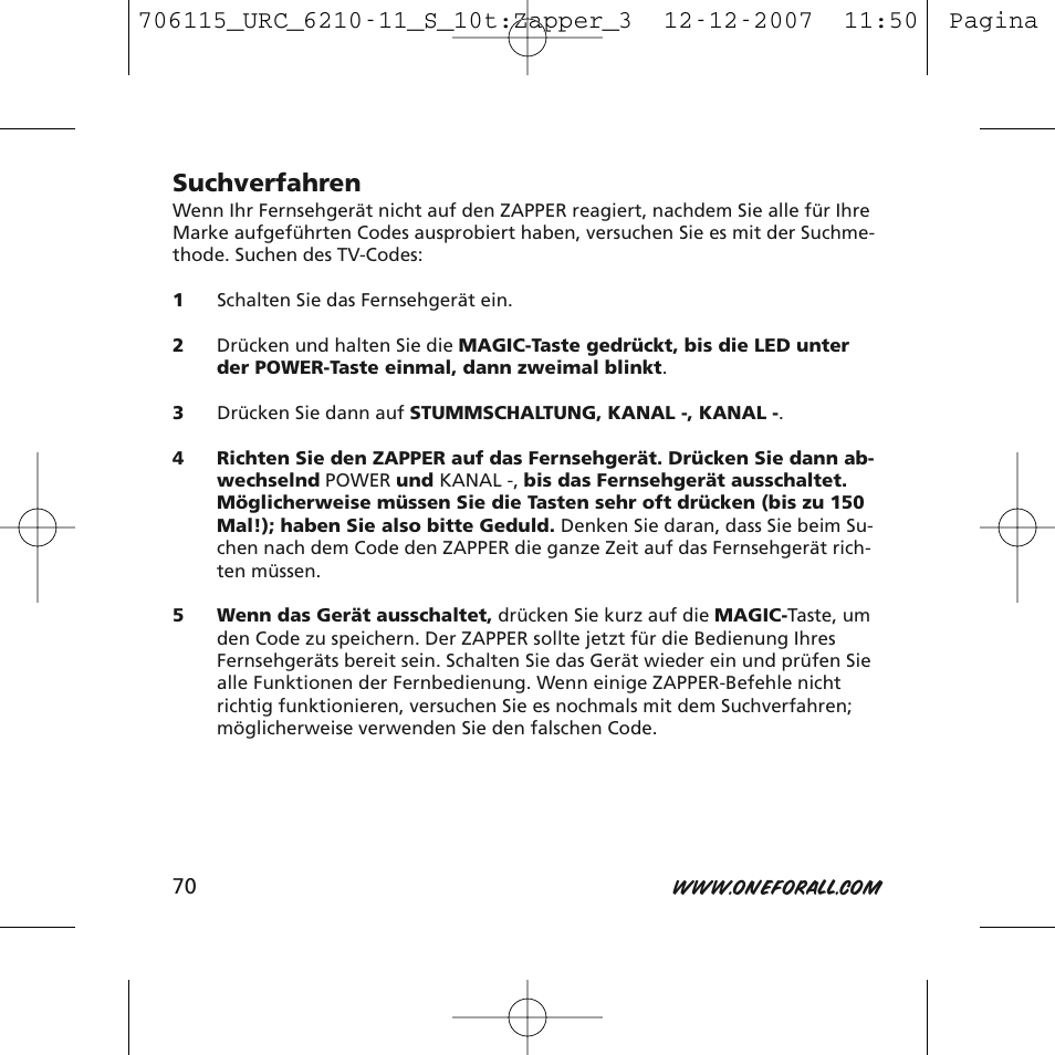 Suchverfahren | One for All URC-6210 User Manual | Page 70 / 112