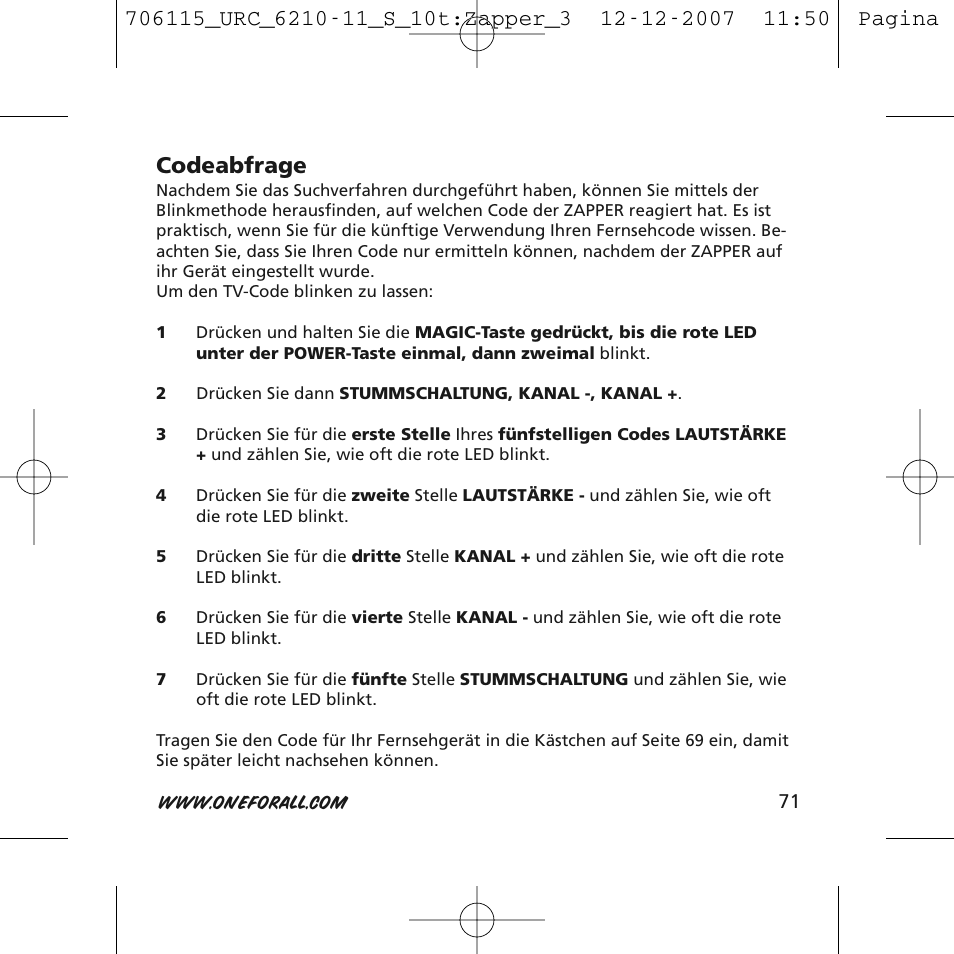 Codeabfrage | One for All URC-6210 User Manual | Page 71 / 112