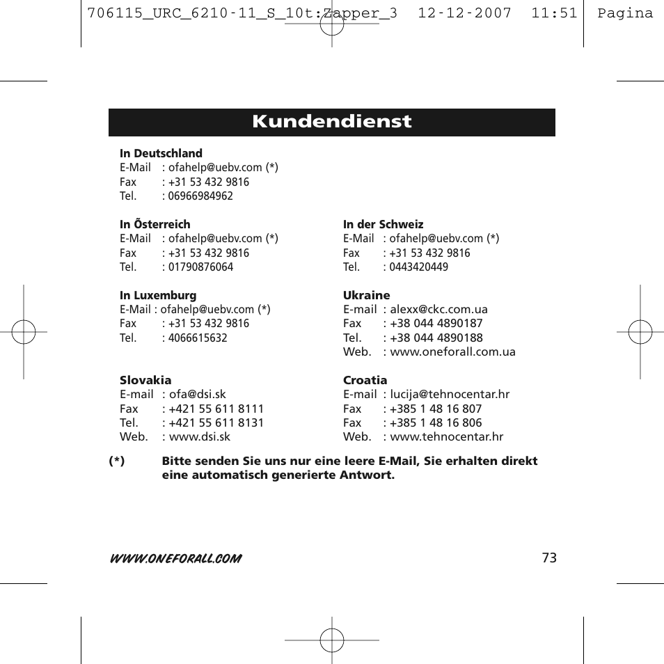 Kundendienst | One for All URC-6210 User Manual | Page 73 / 112