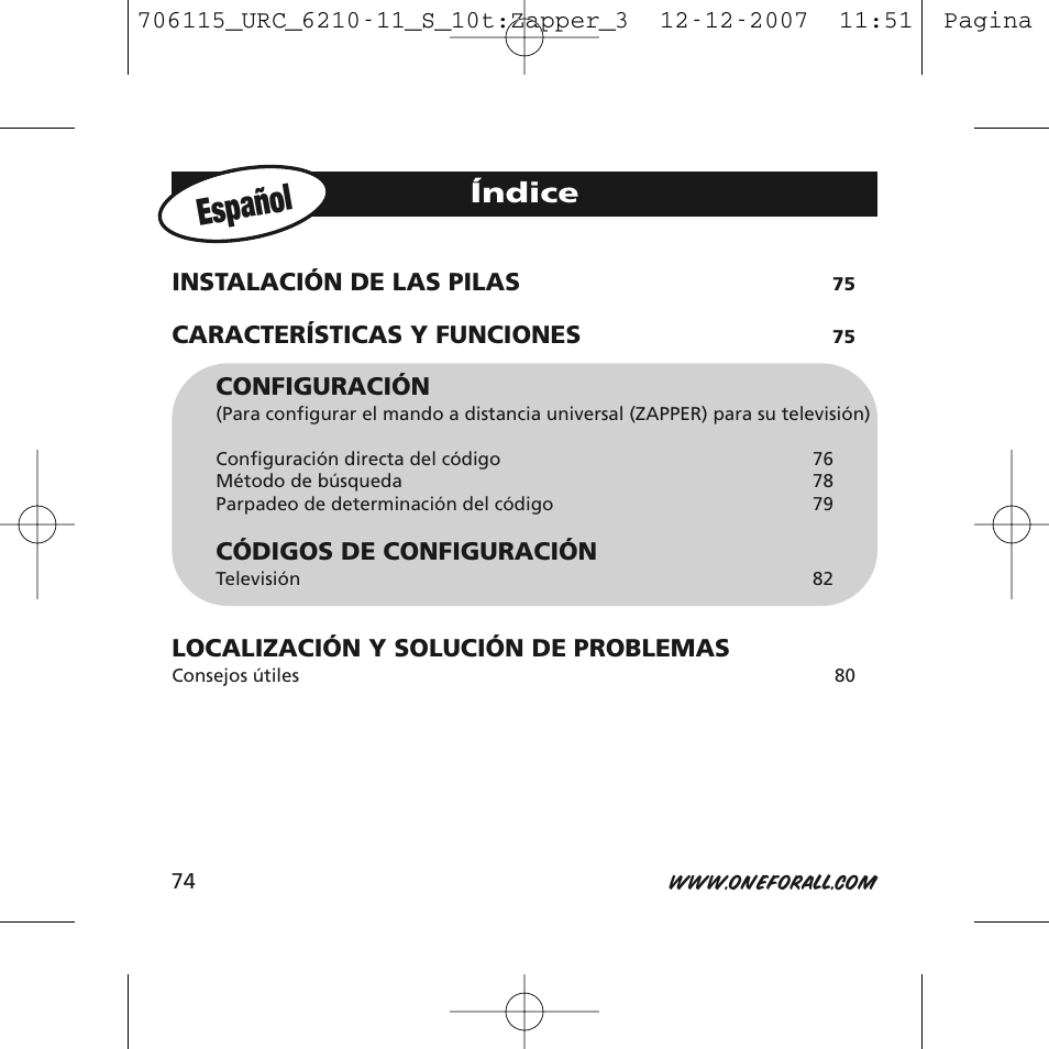 Español, Índice | One for All URC-6210 User Manual | Page 74 / 112