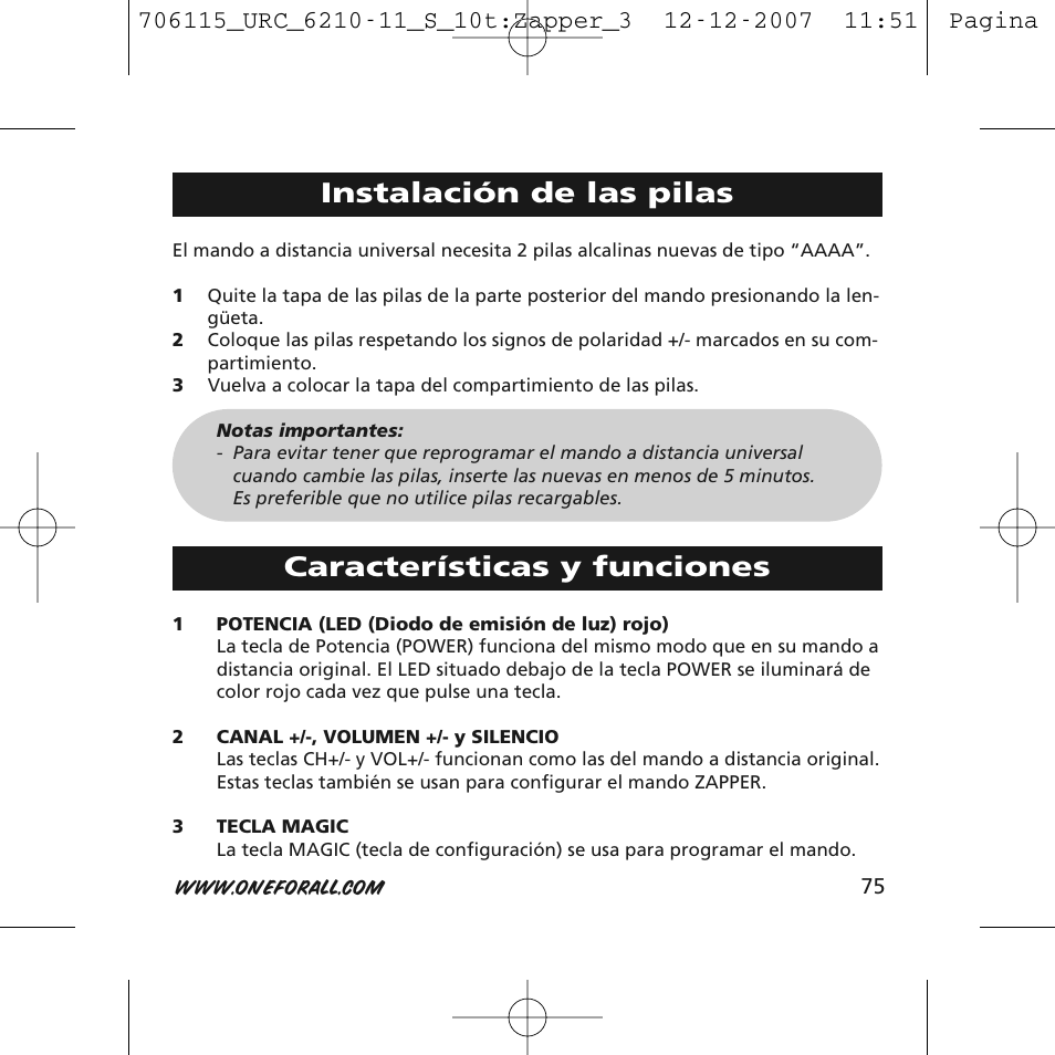 Instalación de las pilas, Características y funciones | One for All URC-6210 User Manual | Page 75 / 112