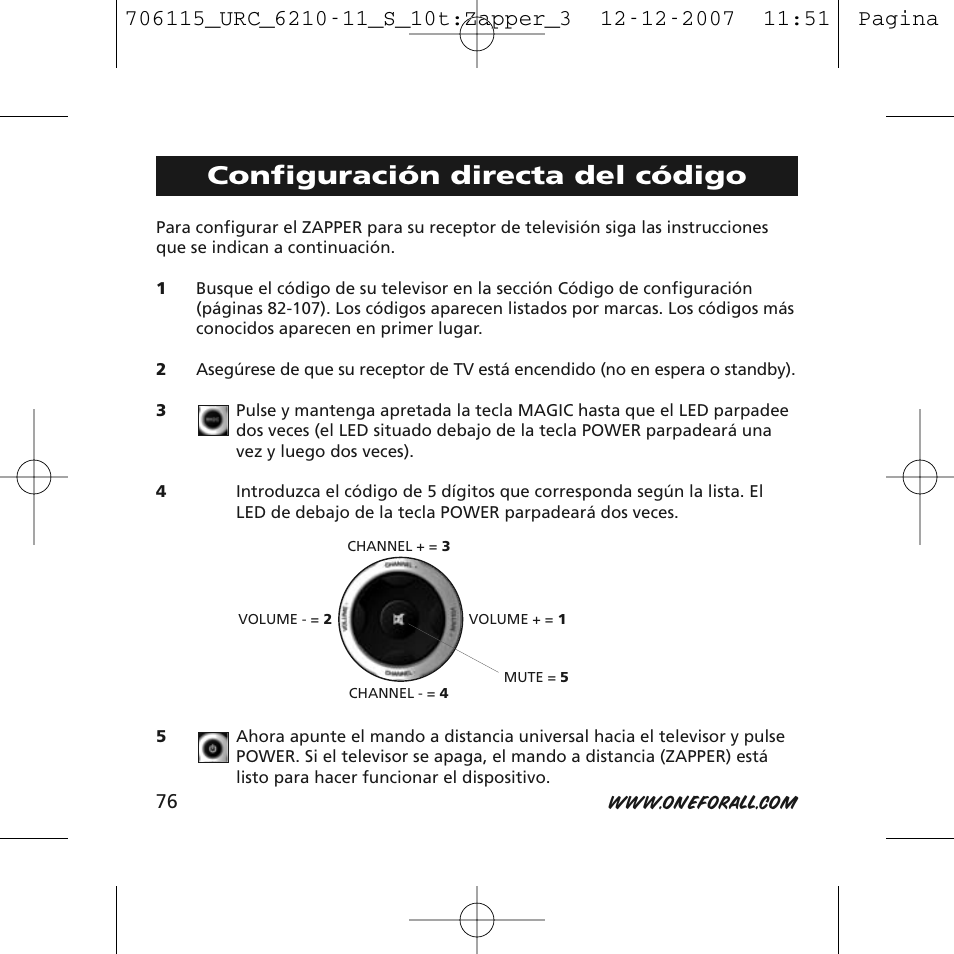 Configuración directa del código | One for All URC-6210 User Manual | Page 76 / 112