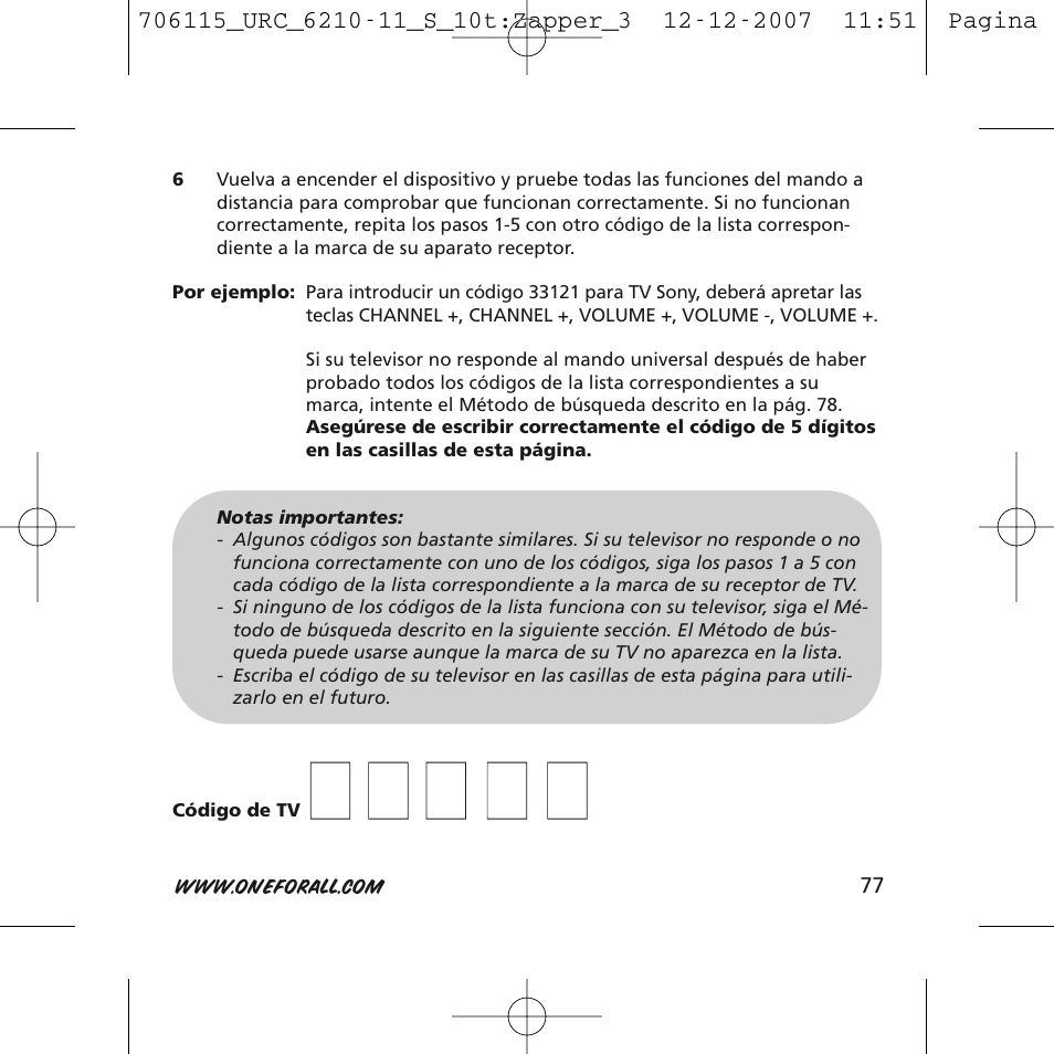 One for All URC-6210 User Manual | Page 77 / 112