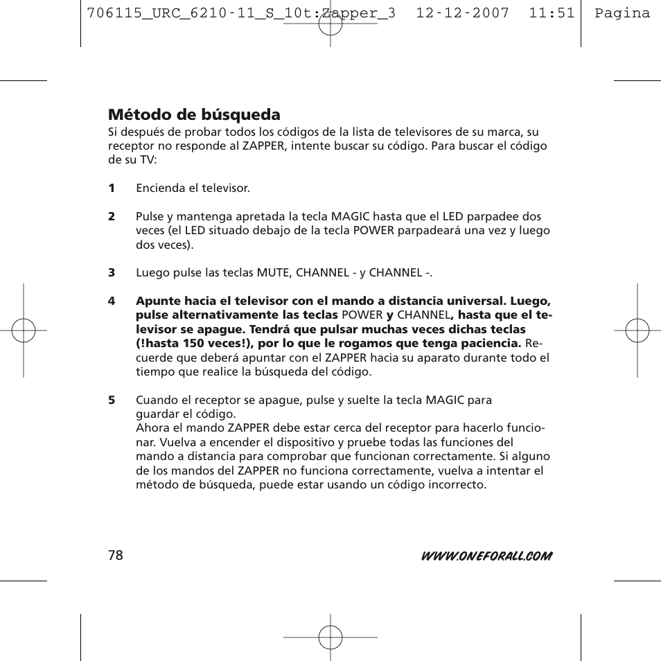 Método de búsqueda | One for All URC-6210 User Manual | Page 78 / 112