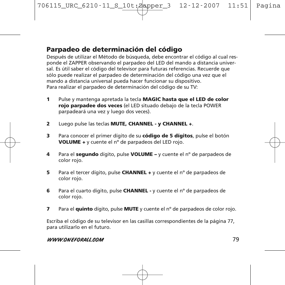 Parpadeo de determinación del código | One for All URC-6210 User Manual | Page 79 / 112