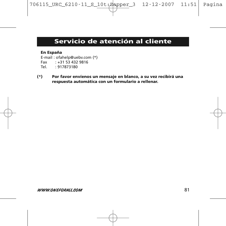 Servicio de atención al cliente | One for All URC-6210 User Manual | Page 81 / 112