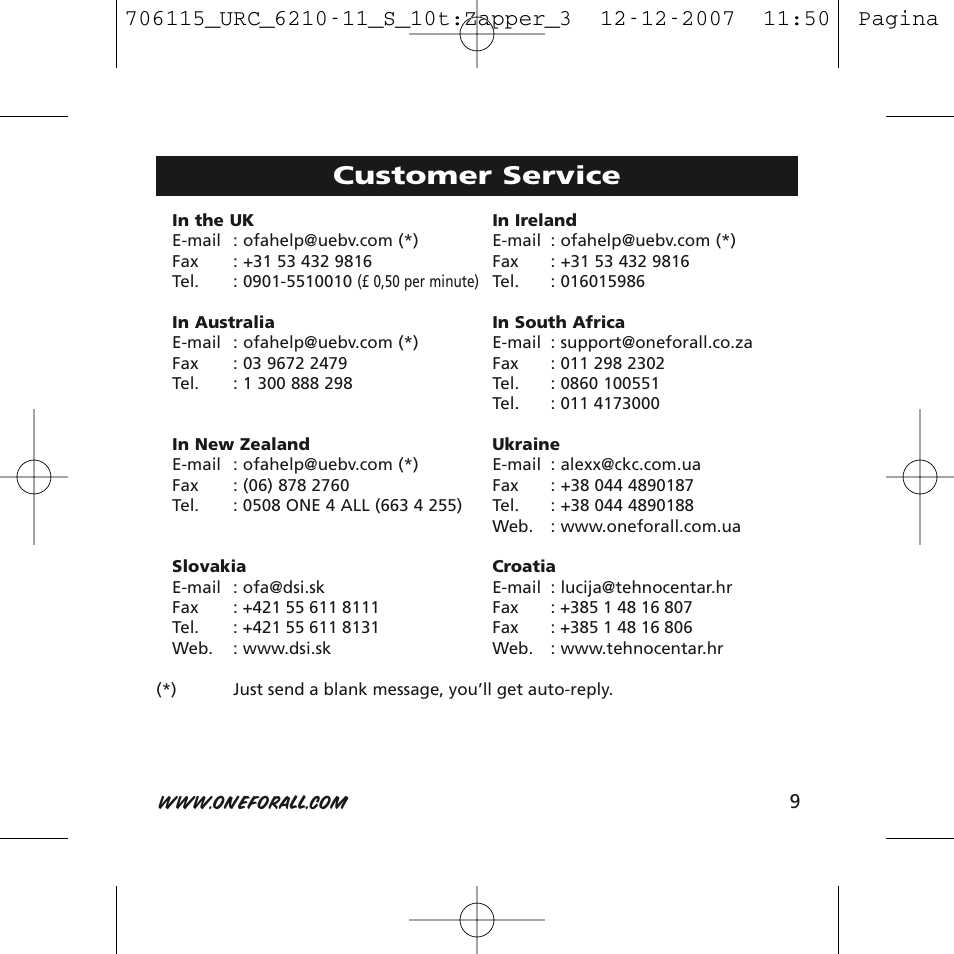 Customer service | One for All URC-6210 User Manual | Page 9 / 112