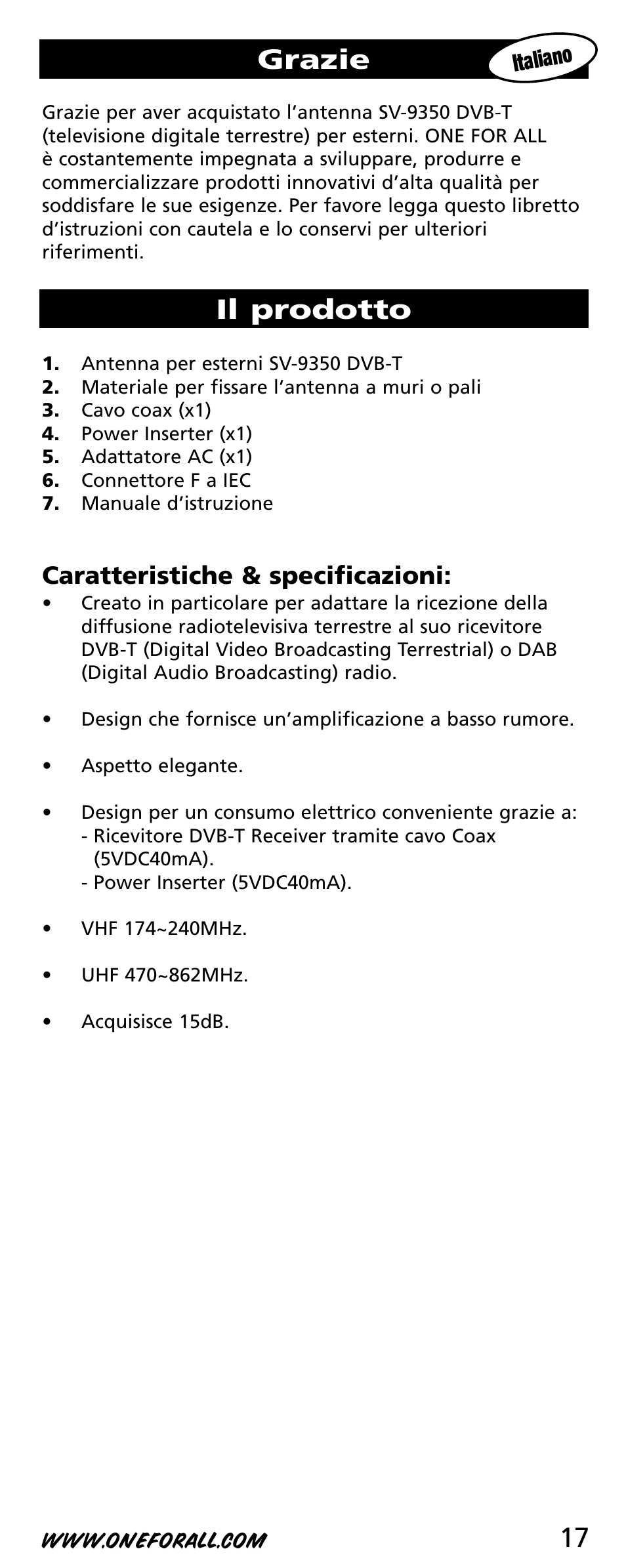 17 grazie, Il prodotto, Caratteristiche & specificazioni | One for All SV-9350 User Manual | Page 17 / 40