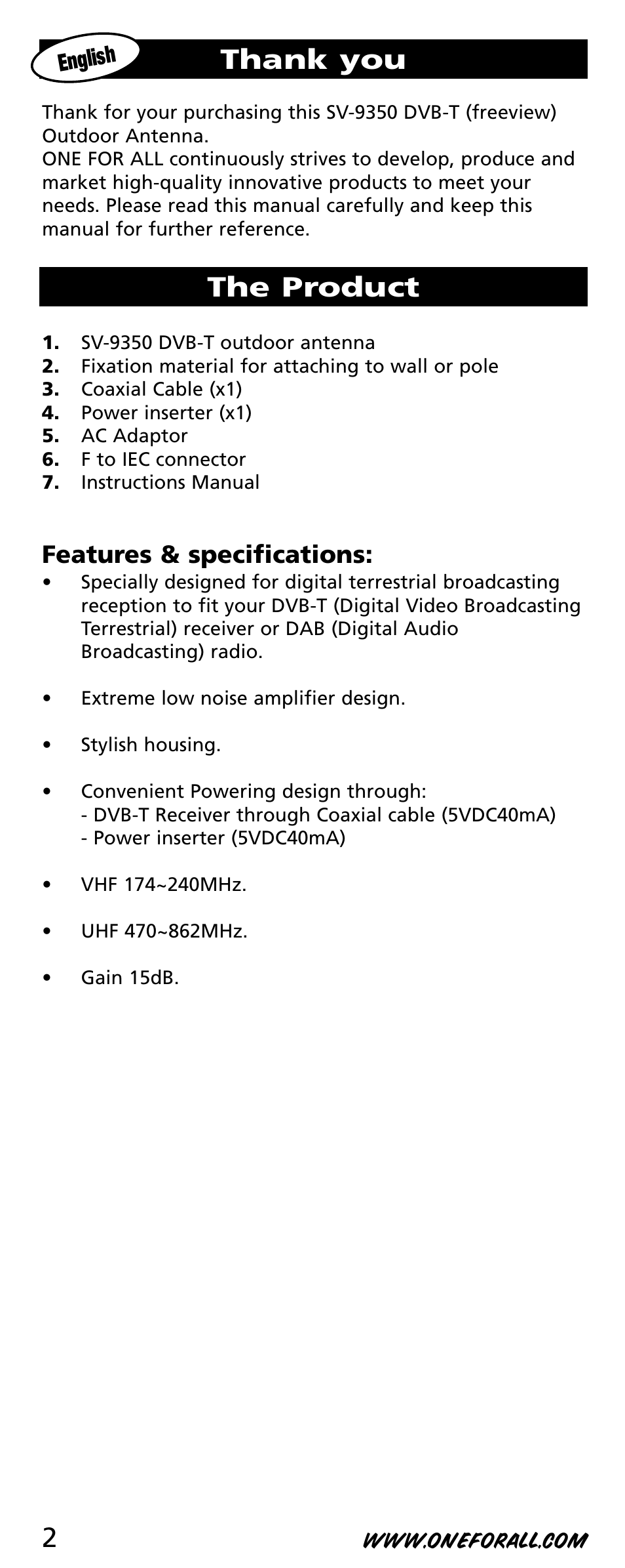 The product, Features & specifications | One for All SV-9350 User Manual | Page 2 / 40