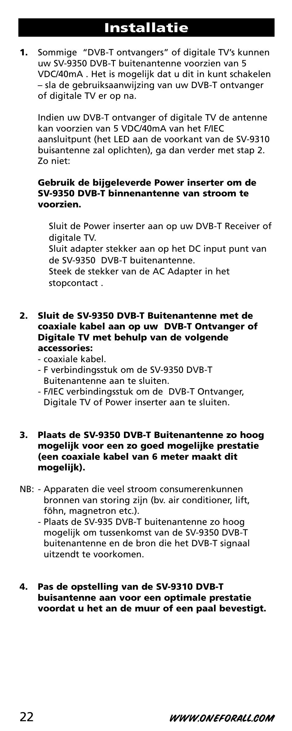 Installatie | One for All SV-9350 User Manual | Page 22 / 40