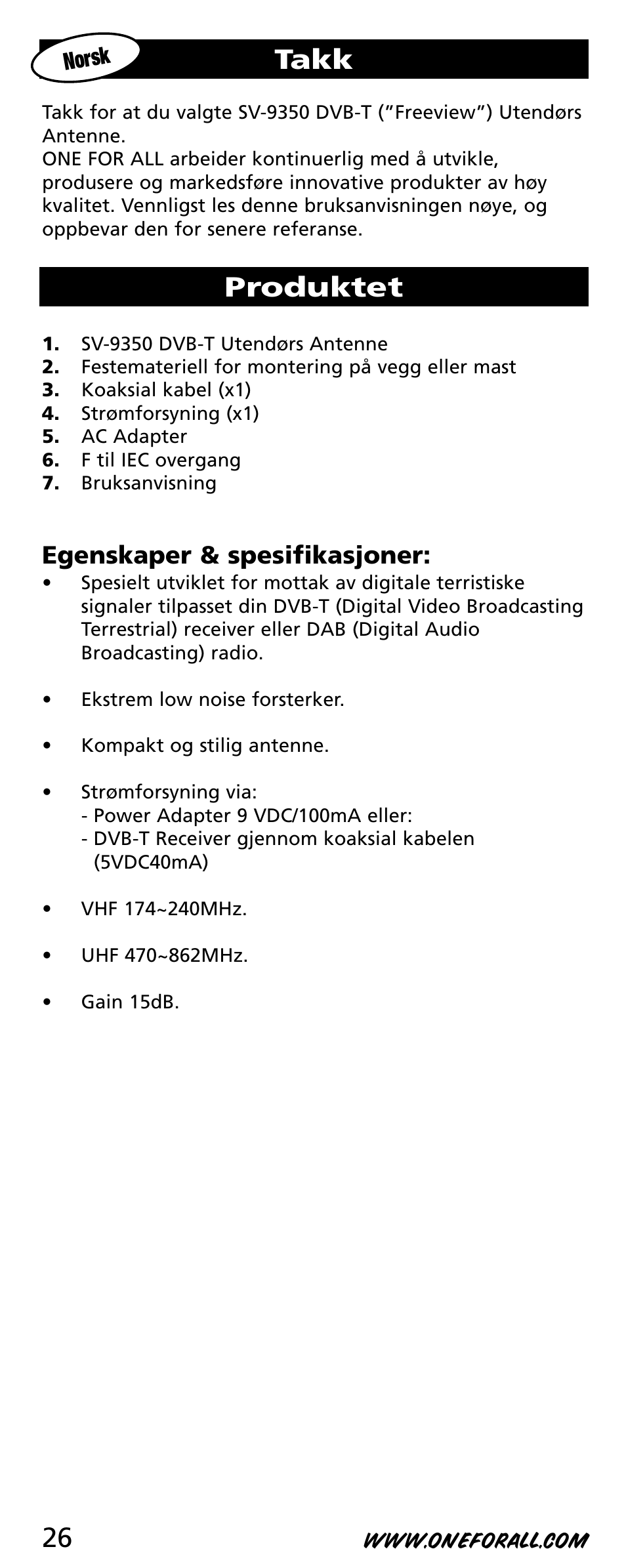 Takk, Produktet, Egenskaper & spesifikasjoner | One for All SV-9350 User Manual | Page 26 / 40