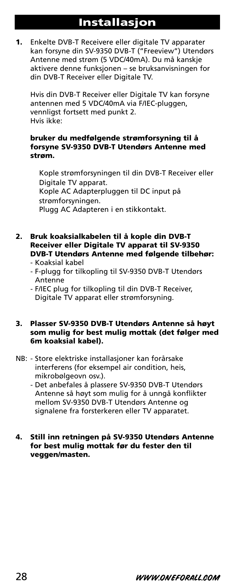 Installasjon | One for All SV-9350 User Manual | Page 28 / 40