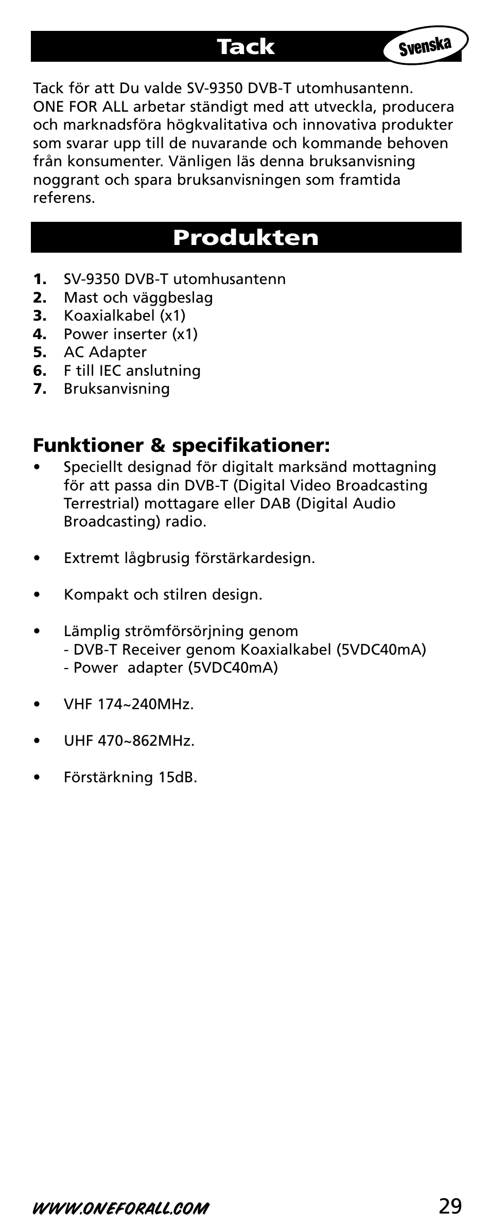 29 tack, Produkten, Funktioner & specifikationer | One for All SV-9350 User Manual | Page 29 / 40