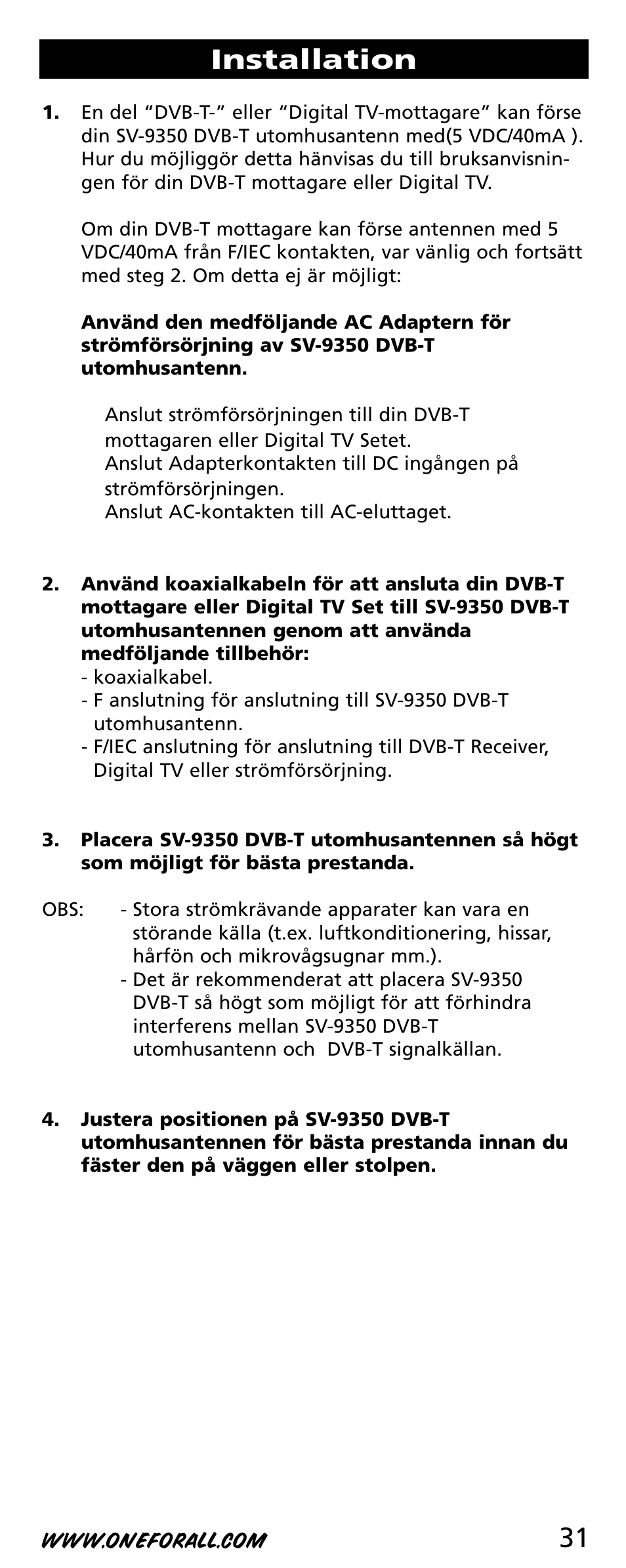 31 installation | One for All SV-9350 User Manual | Page 31 / 40