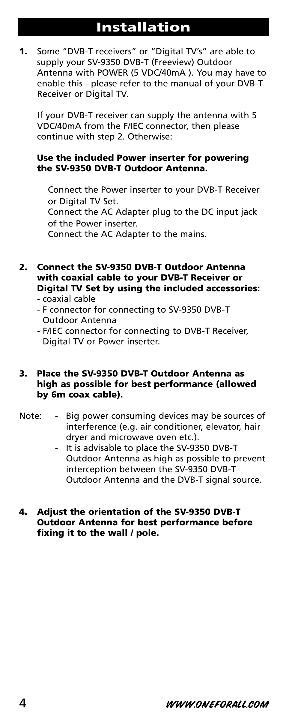 Installation | One for All SV-9350 User Manual | Page 4 / 40