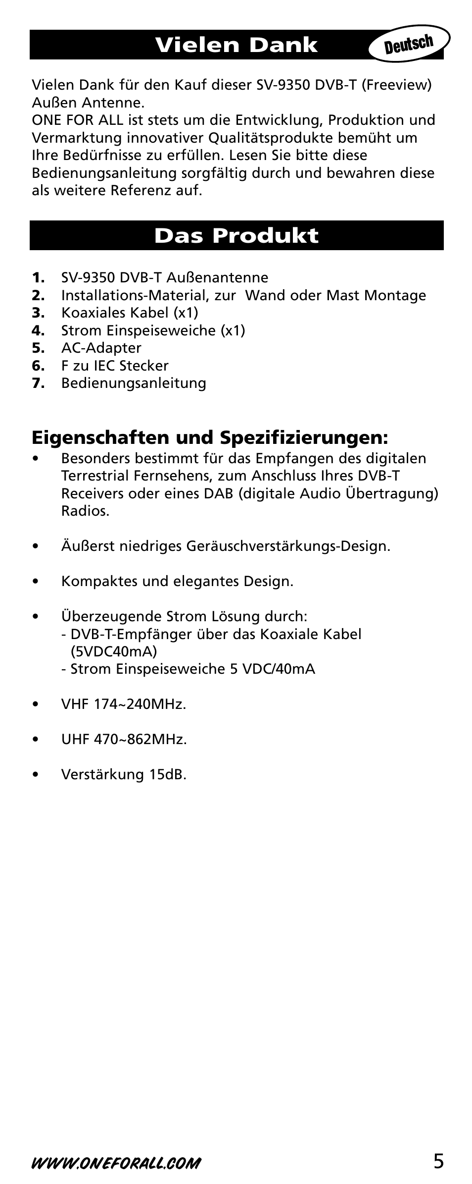 5vielen dank, Das produkt, Eigenschaften und spezifizierungen | One for All SV-9350 User Manual | Page 5 / 40