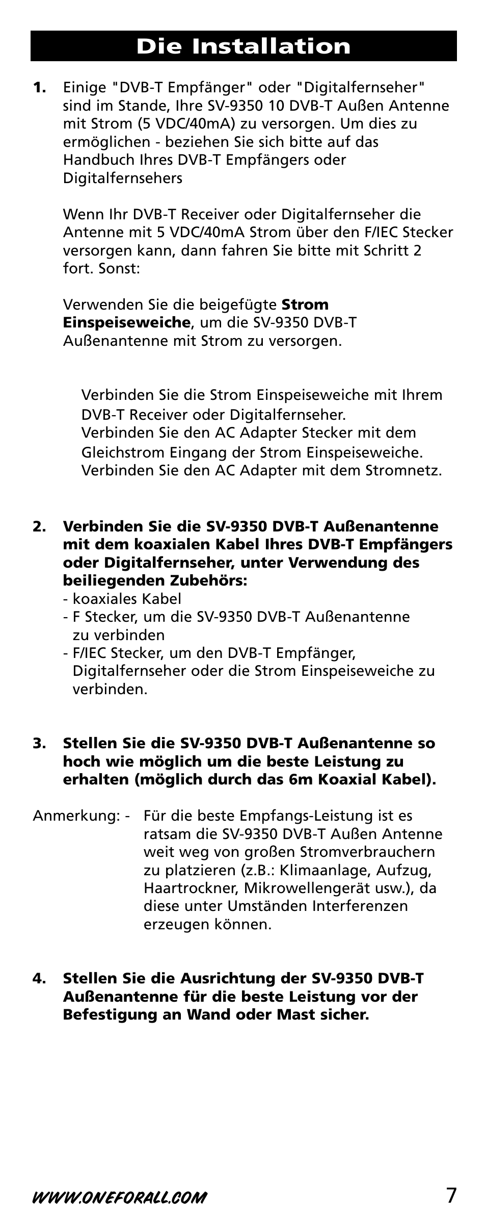 7die installation | One for All SV-9350 User Manual | Page 7 / 40