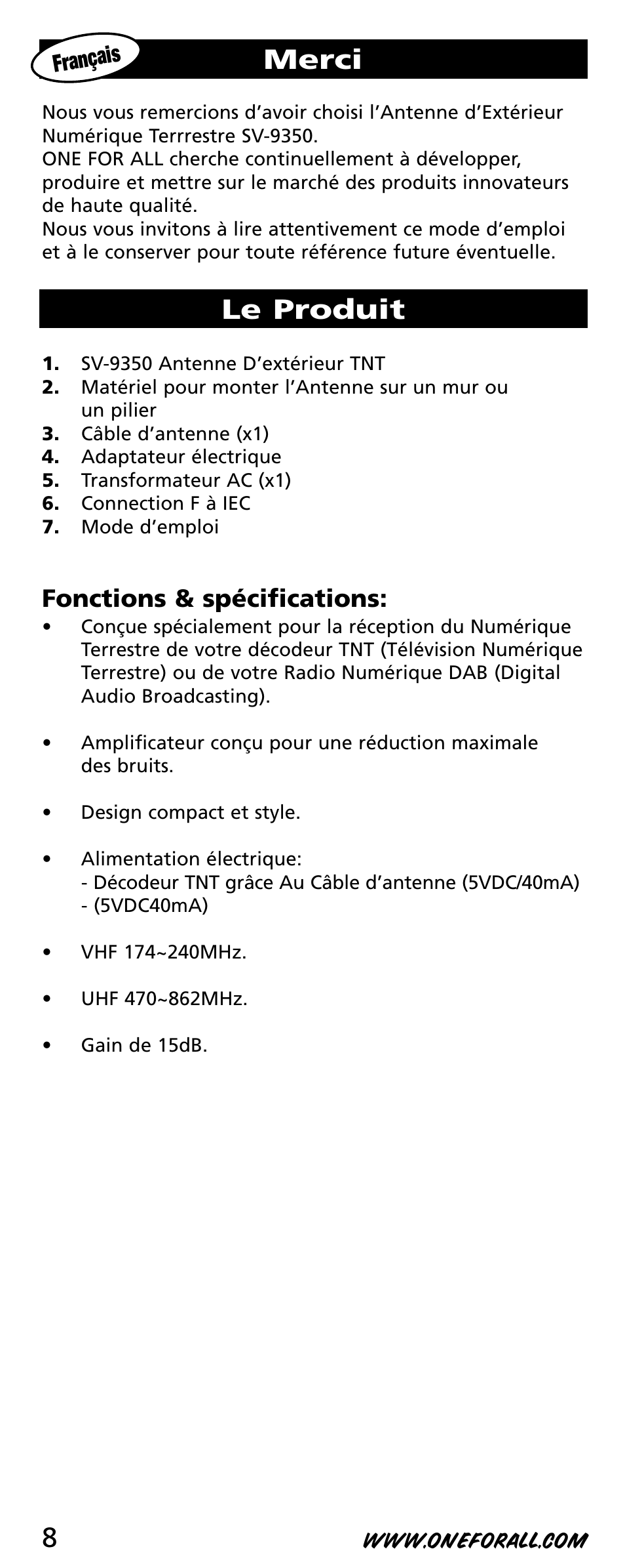 Merci, Le produit, Fonctions & spécifications | One for All SV-9350 User Manual | Page 8 / 40