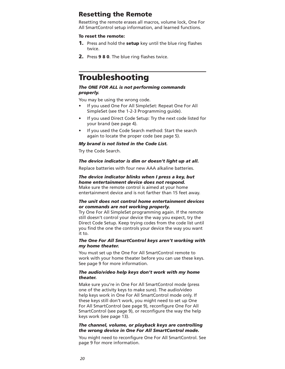 4roubleshooting, 2esetting | One for All OARI06G User Manual | Page 20 / 66