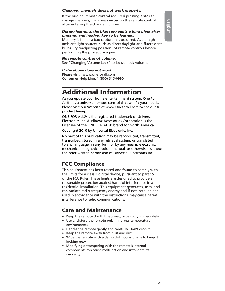 Dditional | One for All OARI06G User Manual | Page 21 / 66