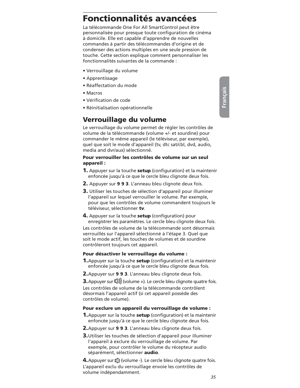Onctionnalitïs, 6errouillage | One for All OARI06G User Manual | Page 35 / 66