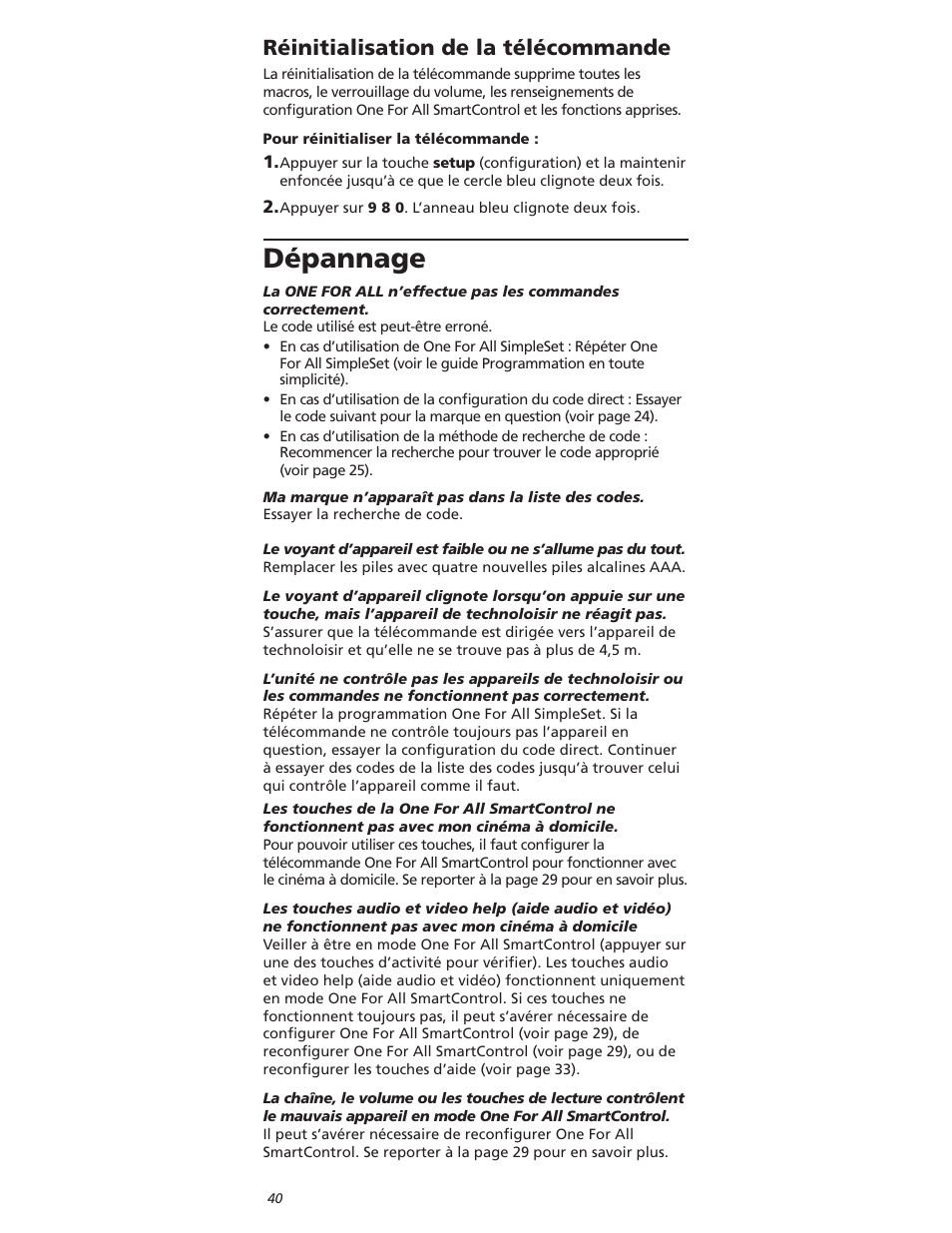 Ïpannage, 2ïinitialisation | One for All OARI06G User Manual | Page 40 / 66