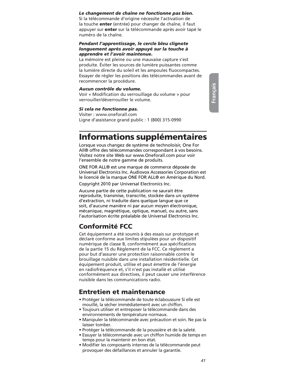 Nformations, Onformitï, Ntretien | One for All OARI06G User Manual | Page 41 / 66