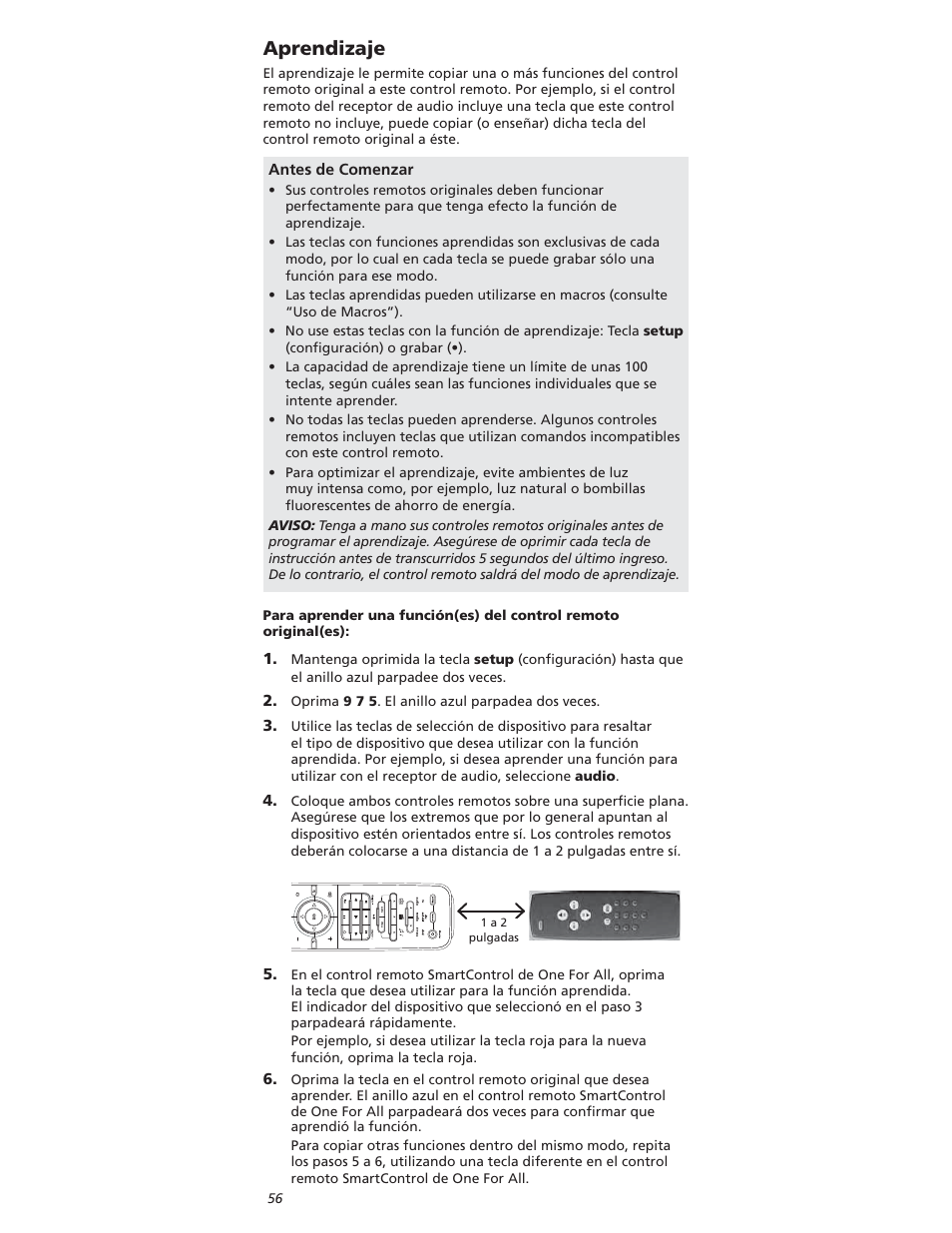 Prendizaje | One for All OARI06G User Manual | Page 56 / 66