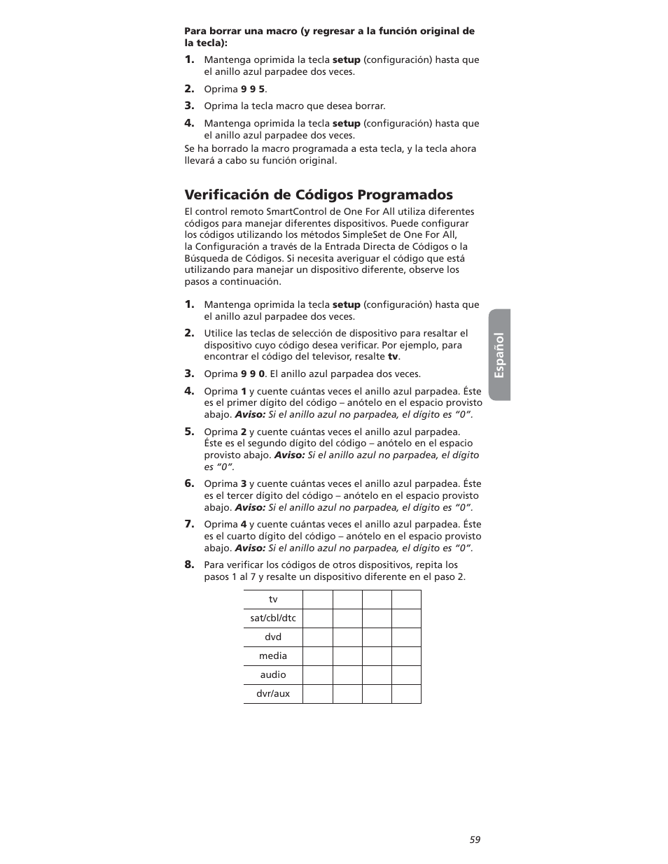 6erilcaciøn | One for All OARI06G User Manual | Page 59 / 66