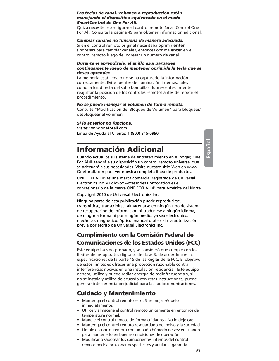 Nformaciøn, Umplimiento, Uidado | One for All OARI06G User Manual | Page 61 / 66