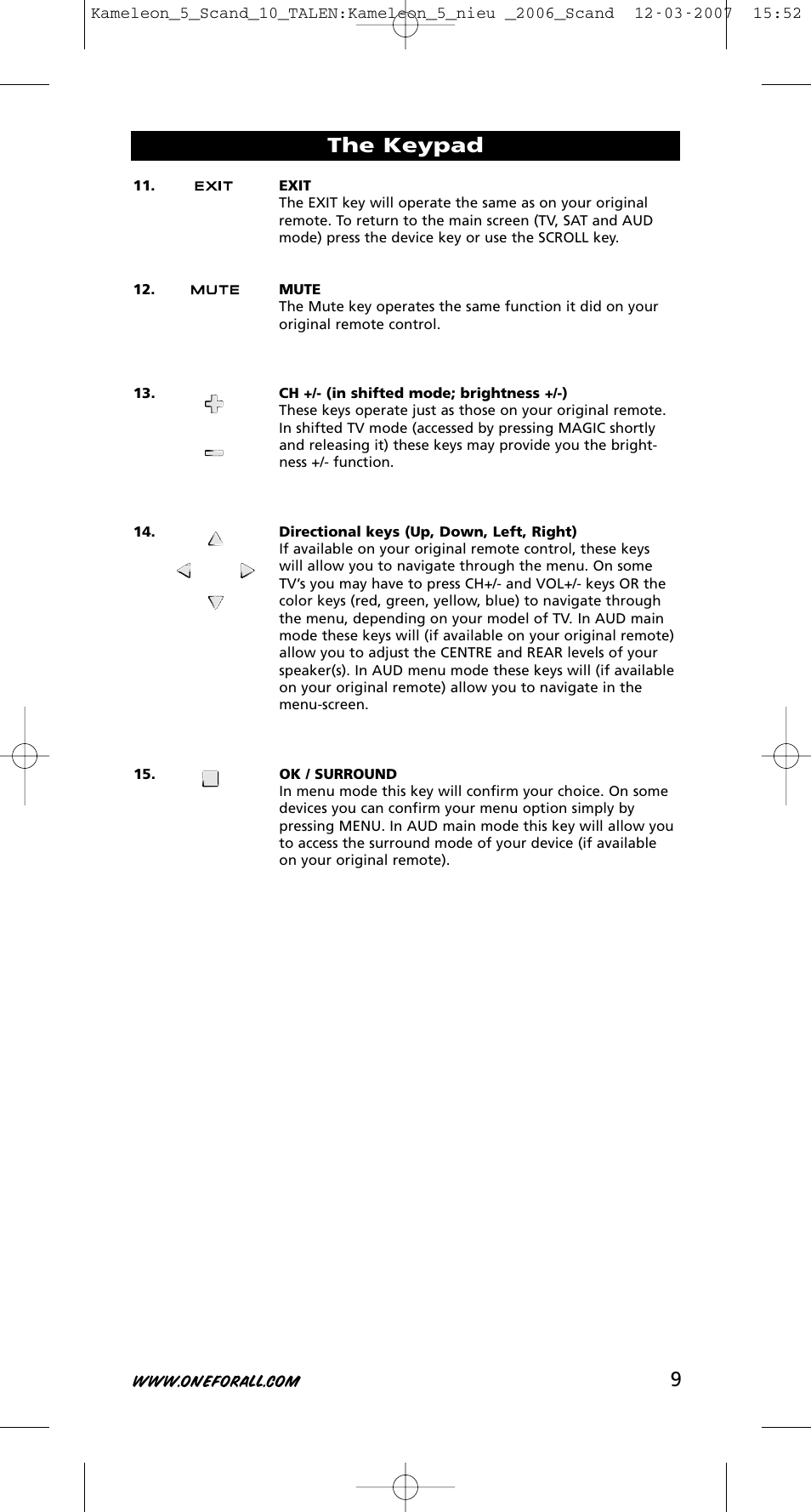 9the keypad | One for All KAMELEON URC-8305 User Manual | Page 10 / 293