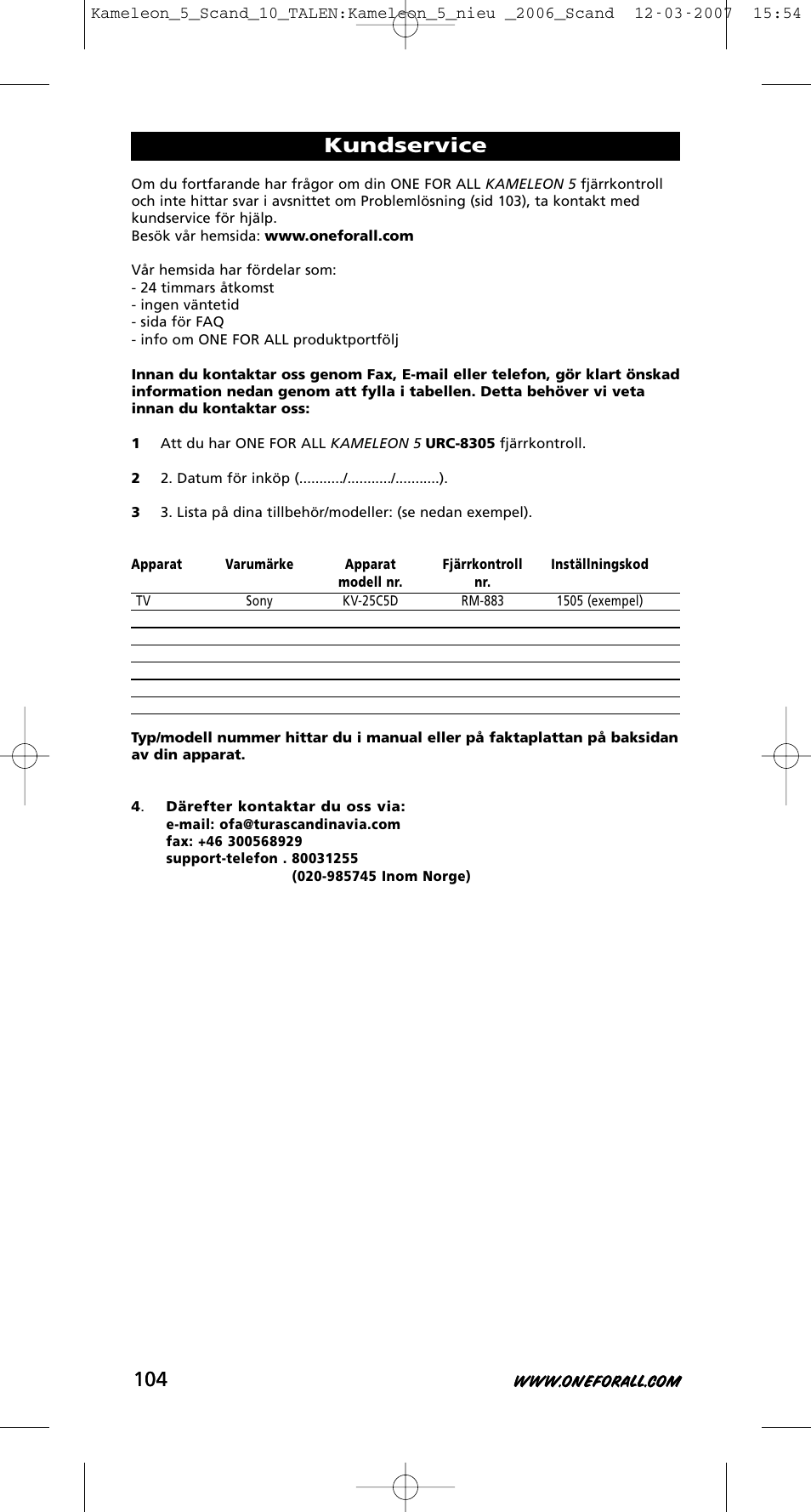 Kundservice | One for All KAMELEON URC-8305 User Manual | Page 105 / 293