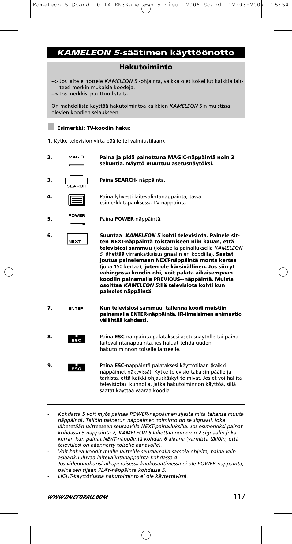 117 hakutoiminto, Kameleon 5 -säätimen käyttöönotto | One for All KAMELEON URC-8305 User Manual | Page 118 / 293